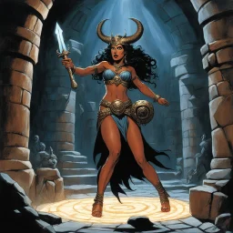 [art by Ray Harryhausen] Kalypso, daughter of Khali the terrible goddess, is a dark pagan nymph. She is demonstrating her powers in a chamber of a dungeon