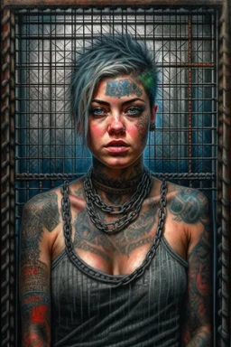 Portrait of a beautiful tattooed voluptuous terrified prisoner chained and collared in the small dim cell. Luis Royo, Jeremy Mann, hyper-detailed, hyperrealistic, digital art, detailed background, dark fantasy, cinematic, vibrant pastel colours