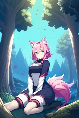 Forest , night, girl, blue eyes, pink hair, big wolf tail, wolf ears, wolf paws, sit