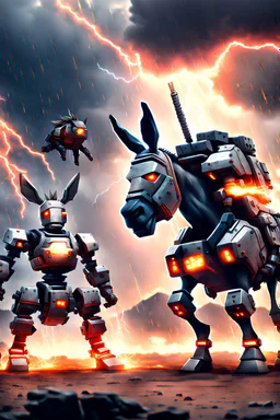 Realistic mech Donkey warrior and mech donkey ninja warrior with thunderstorms in the background and fireballs falling from sky