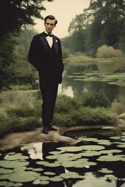 [vintage] A man in tuxedo around a pond