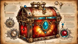 ((HAND_DRAWN_JEWELED_TECHNICAL PARCHMENT)) detailed topical view schematic of iridescent_steampunk_treasure_chest on ((jeweled_text_covered_parchment_with smoldering_edges_and_bold_lines)), vivid tattoo ink, shiny glass jewels, masterpiece, 16k, ultra-detailed, sharp focus, red and green, deep color, vibrant, wet, gloss