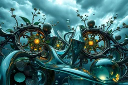 Dynamic complex hypnotic fractal 3D structures Symmetry twisting and morphing between plants and metal geometric forms , smooth translucent iridescent glass with inner glow and bubbles, varied transparent materials, stormy skies, intense dramatic