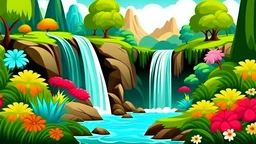 landscape of an exotic place with waterfalls and flowers