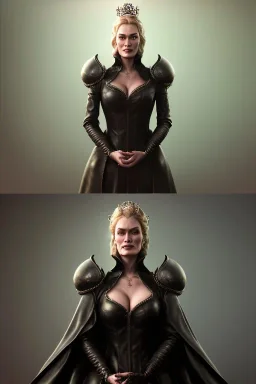 Cersei Lannister as evil queen in black leather coat, busty, cleavage, voluptuous, lena headay, angry, stern look. character design by cory loftis, fenghua zhong, ryohei hase, ismail inceoglu and ruan jia. unreal engine 5, artistic lighting, highly detailed, photorealistic, fantasy