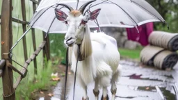 Goat holding an umbrella but no rain