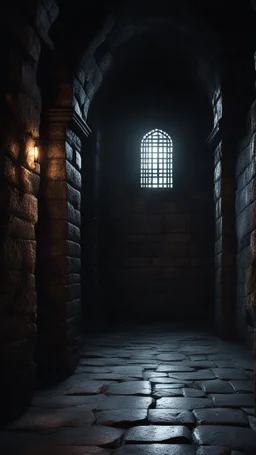 Inside of a dark dungeon with grey stone floor the only light comes from a small barred window high on the wall. Dark fantasy. photorealistic. 4k