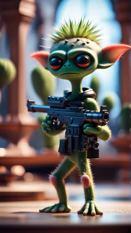 sad cactus alien gremlin holding cactus gun in high end palace,bokeh like f/0.8, tilt-shift lens 8k, high detail, smooth render, down-light, unreal engine, prize winning