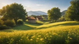 Beautiful realistic rural landscape, warm sunshine, lush plant growth, flowers, human habitation, peaceful, delightful, idyll, award-winning photograph, detail, beautiful composition, attractive colour, chiaroscuro