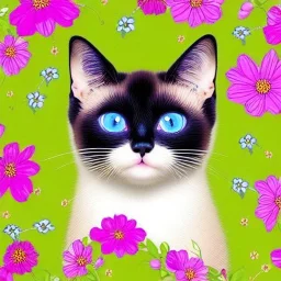 adorable siamese cat, cosmic atmosphere, perfect composition, 8k, super detailed, delicate flowers, complementary colours, intricate details, people