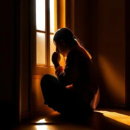 A single figure kneels in prayer, bathed in a warm, golden light spilling through a window. The figure's features are obscured, focusing on the posture of surrender and a subtle glow around the heart area.