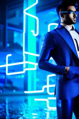 cyberpunk, neon blue, high technology, geometric figures, orbiting figures, cyberpunk suit, black and blue, epic, rain, neon blue suit, geometric figures orbiting around suit, exosuit, male