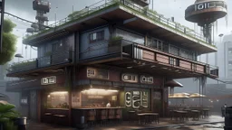 A gritty, cyberpunk-inspired cafe, named "811 CAFE CAFE", stands prominently in a rain-slicked, urban streetscape. The building itself is a complex, multi-layered structure, appearing to be a fusion of shipping containers and weathered, rusty metal. Numerous antennas and a large communication tower adorn the rooftop, hinting at a densely connected, yet decaying, environment. The cafe's facade features a large, striking blue sign with "811" emblazoned in white, followed by "CAFE CAFE" below. The