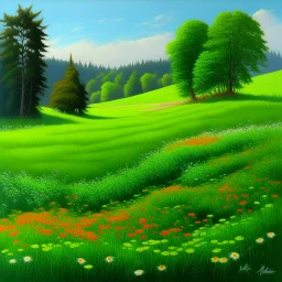 A green meadow with flowers painted by Frank Wilson