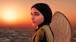 A Palestinian girls have wings wearing an palestinian dress in gaza during sunset in winter.