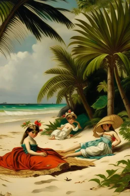 tropical beach two childeren and a woman lying paining neoclassism