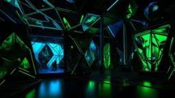 Una habitación oscura con formas y estructuras geométricas de color verde y azul brillante, creando una atmósfera abstracta y futurista donde habitan algunas extrañas criaturas.