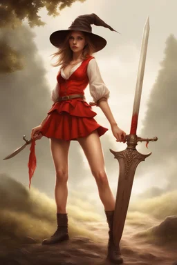 a young witch in a red low-cut short skirt, with a sword in one hand, photorealistic, delicate detail.