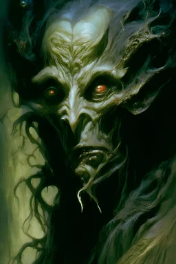 Portrait of a lovecraftian ghoul, professional majestic oil painting. trending on artstation, intricate, high detail, sharp focus, dramatic, photorealistic painting art by frank Frazetta and brian froud