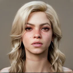 Shakira, artist, 30 years old, Realistic image, waist up portrait, Michael Goundry style. blonde, loose long hair, eyes make up, perfect, glow, circle iris. concept art, smooth, unreal engine 5, god lights, ray tracing, RTX, lumen lighting, ultra detail, volumetric lighting, 3d, finely drawn, high definition, 4k.