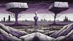 inner an giant block of stone a nonbinary human figure stands of several layers outside around weird landscape with city in the distance, sharp lines, fade pale eyes, fade human figures in city, dark purple, gray, black, white, brown. Whimsical style and surreal vibe, lonely with absurd broken land, neuron network background, surreal nightmare vibe