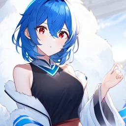 Clear focus, High resolution, rough line art, cute, cartoon, medium blue hair, hair between eyes, fluffy hair, red eyes, wearing a black sleeveless crop top, wearing a white jacket thats of her shoulders, wearing a blue skirt, cutsleeves blue strap and white color, intricately detailed outfit