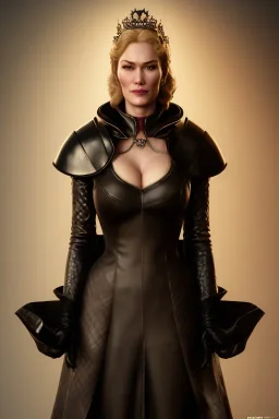 Cersei Lannister as evil queen in black leather coat, busty, cleavage, voluptuous, lena headay, angry, stern look. character design by cory loftis, fenghua zhong, ryohei hase, ismail inceoglu and ruan jia. unreal engine 5, artistic lighting, highly detailed, photorealistic, fantasy