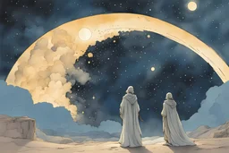 angels in the sky singing, A soft-focus image of stary night sky casting a warm glow, desert at night, create in inkwash and watercolor, in the comic book art style of Mike Mignola, Bill Sienkiewicz and Jean Giraud Moebius, highly detailed, gritty textures,