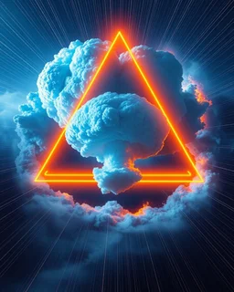 a blue nuclear explosion cloud, behind an orange glowing omega like shape, all inside an equilateral triangle opening, that is like a window to a different world, radiant lines, sci-fi fantastic
