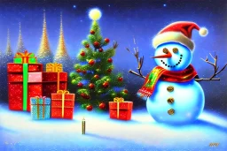 Impressionism, acrylic paint, pastel colors, christmas scene, snowman, christmas tree, christmas lights, wreath, presents