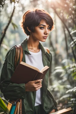 portrait pint of color photo of a student girl 22 years old ,short hair with her books in her hand walking in magic jungle in trees