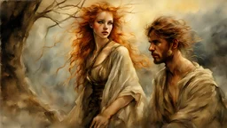 Hyper-photorealistic watercolor art style by Luis Royo, ginger-haired woman with natural skin tones, hyperdetailed face, full body diagonal shot, encounters male bandits in dark fantasy countryside setting, absence of mysterious elements, dramatic lighting, ultrafine detail, octane rendering., by Leonid Afremov & William Kentridge & Anna Razumovskaya