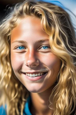 portrait of a 16 year old Californian surfer woman with blond, short wavy hair, water blue eyes, smiling