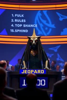 A sphinix rules in a top show jeopardy tv. Tv set with people