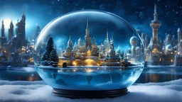 winter, a small beautiful futuristic city of atlantis submerged in a (spherical glass fish bowl) (Style-Glass:0.2) full of water| beautiful night sky | photo manipulation| beautiful composition, tilt shift, mystical, ethereal, intricate, ship, rendered reflections & refractions, blender, weta digital, award winning, masterpiece