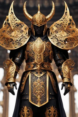 Full body photography,front_view,Dark Lord Satanic looking at viewer,traditional dress ornaments mechanical_armor,intricate armor, delicate golden filigree, intricate filigree, black metalic parts, detailed part,fire eruption mountain background, dynamic lighting