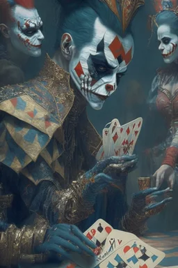 A harlequin character, playing cards with other people , sf, intricate artwork masterpiece, ominous, matte painting movie poster, golden ratio, trending on cgsociety, intricate, epic, trending on artstation, by artgerm, h. r. giger and beksinski, highly detailed, vibrant, production cinematic character render, ultra high quality model