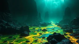 realistic photo of an oceanic landscape covered in petroleum and acid that looks futuristic with futuristic lighting
