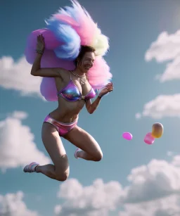 Ultra realistic speed clouds sky scene, wide angle view, sweet women falling down, inflatable color clothing, free jumping flying, many trinkets, hair monster, many jelly beans, balls, color smoke, smile, happy, circus style, extreme, wind, clouds sea, 20,000 feet altitude, stratosphere, soft color, highly detailed, unreal engine 5, ray tracing, RTX, lumen lighting, ultra detail, volumetric lighting, 3d, finely drawn, high definition, high resolution.