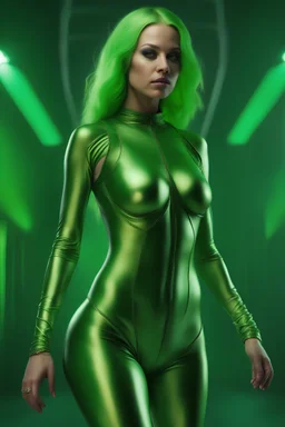 inspired by all the works of art in the world - A Fantastical Heavy Metal Rock and Roll Comedy in 3 notes - Zym Fandell, an extremely tiny, thin, voluptuous beautiful Green Martian female, full body image, wearing a skinsuit, Absolute Reality, Reality engine, Realistic stock photo 1080p, 32k UHD, Hyper realistic, photorealistic, well-shaped, perfect figure, perfect face, a multicolored, watercolor stained, wall in the background,