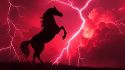 full silhouette of a horse rearing up(on right facing left, outlined by lightning), red cloudy sky, lightning bolts(from top to bottom left), digital painting