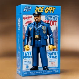 A photograph of a pristine action figure encased in its packaging, evoking a sense of collectible wonder, styled after a vintage toy advertisement. The box prominently displays "Ice-T" in bold, stylized lettering, with the action figure inside clearly resembling Ice-T as NYPD detective/sergeant Odafin Tutuola, possessing his iconic features confidently with a badge