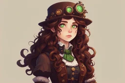 Девушка с длинными, волнистыми темно-каштановыми волосами, зелеными глазами, одетая в одежду в стиле стимпанк, stardew, стиль долина, подросток