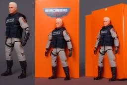 Mike Pence G.I. Joe action figure Doll Space force uniform inside blister packaging hanging on a Wallrack in toy store, fluorescent orange, toy guns, wide angle shot whole body, black boots, fullsize