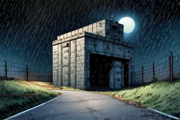 comic book style zombie apocalypse fortified bunker building. Tall walls with military watchtowers, barbed wire fences. Large armored heavy metal doors. Post apocalyptic city setting. Road leading up to it. Night, rain