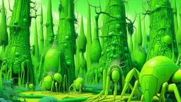 A lime green forest with spiders and grasshoppers designed in Moai statues painted by Antoni Gaudi