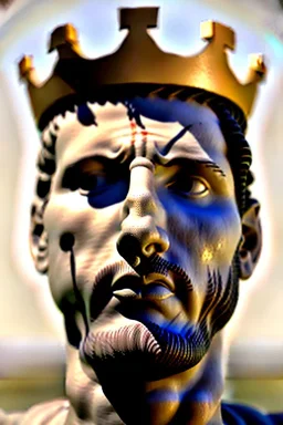 Ultra Realistic image, Roman sculpture, white marble material, Lionel Messi, gold crown of natural thorns, god crown, Miguel Angel style, sun rays background, waist up portrait, epic, celestial, cinematic lighting, God lights, 4k resolution, smooth details, soft lighting, unreal engine 5, art station, substance 3d.