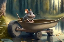 mouse in wheelbarrow, in forest by lake, book illustration, fine detail, 4k