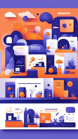 illustrations with a simple art style that show home page for spot use orange and dark blue-purple and minimal