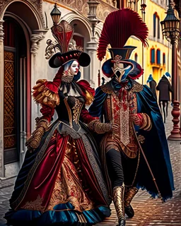 Pareja hombre y mujer con disfraz en el carnaval de Venezia caminando por Venezia mascara vestido has el suelo pantalones obra de arte pintura arte Bauhaus obra de arte hiperdetallada intricadas finamente detallada 8k